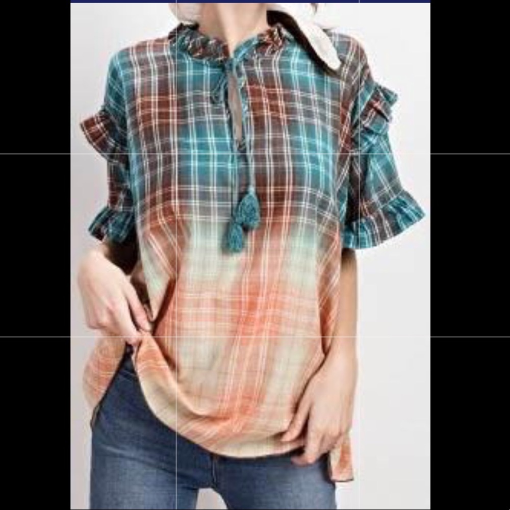 Boho Plaid Boxy Relaxed- Fit Ruffle Tunic